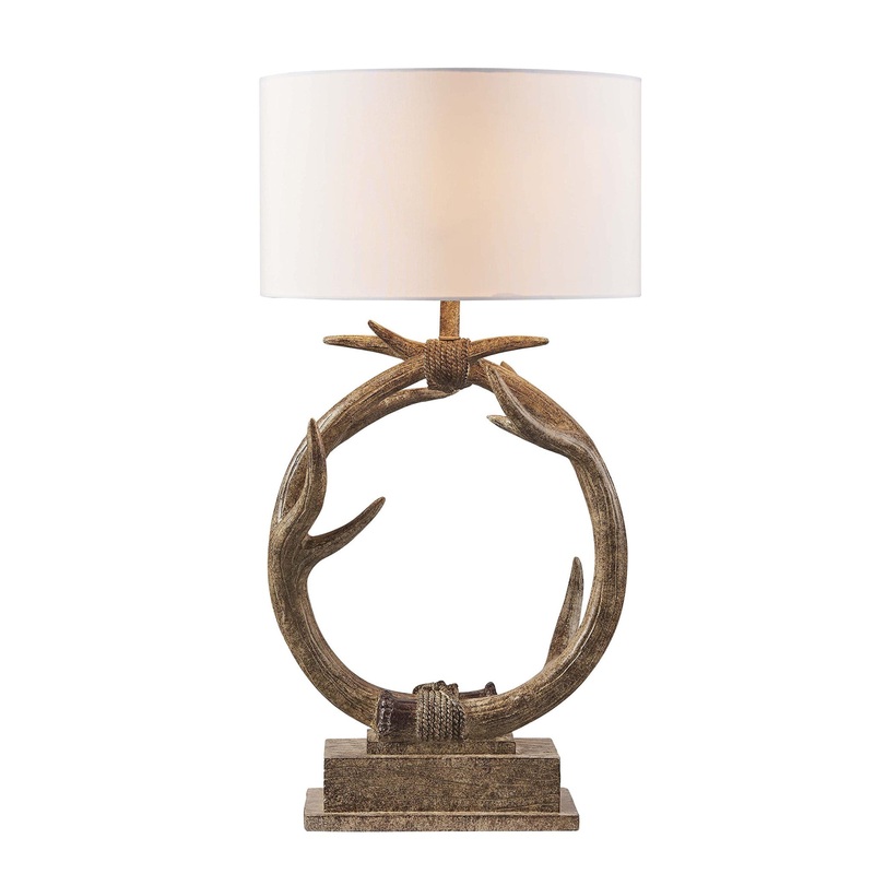 Brown Rustic Faux Antlers Table Lamp With White Drum Shade By Homeroots