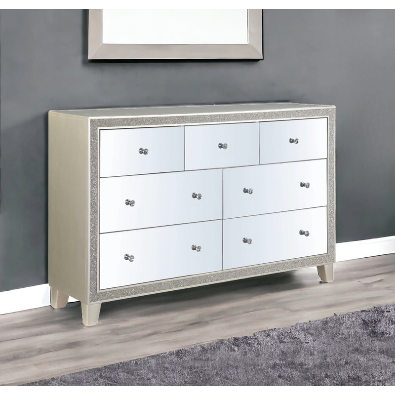 Champagne Solid and Manufactured Wood Mirrored Seven Drawer Triple Dresser By Homeroots
