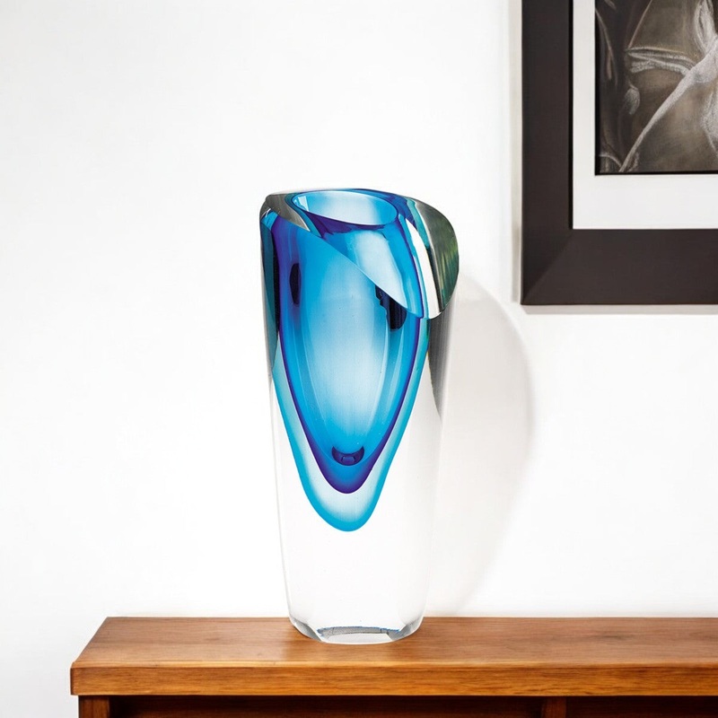 Clear And Blue Abstract Cylinder Lead Free Crystal Table Vase By Homeroots