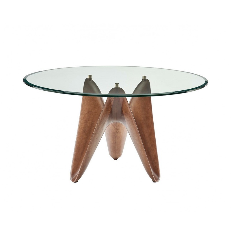 Clear And Brown Rounded Glass And Solid Manufactured Wood Pedestal Base Dining Table By Homeroots