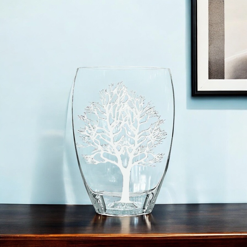 Clear And White Tree Of Life Oval Lead Free Crystal Table Vase By Homeroots