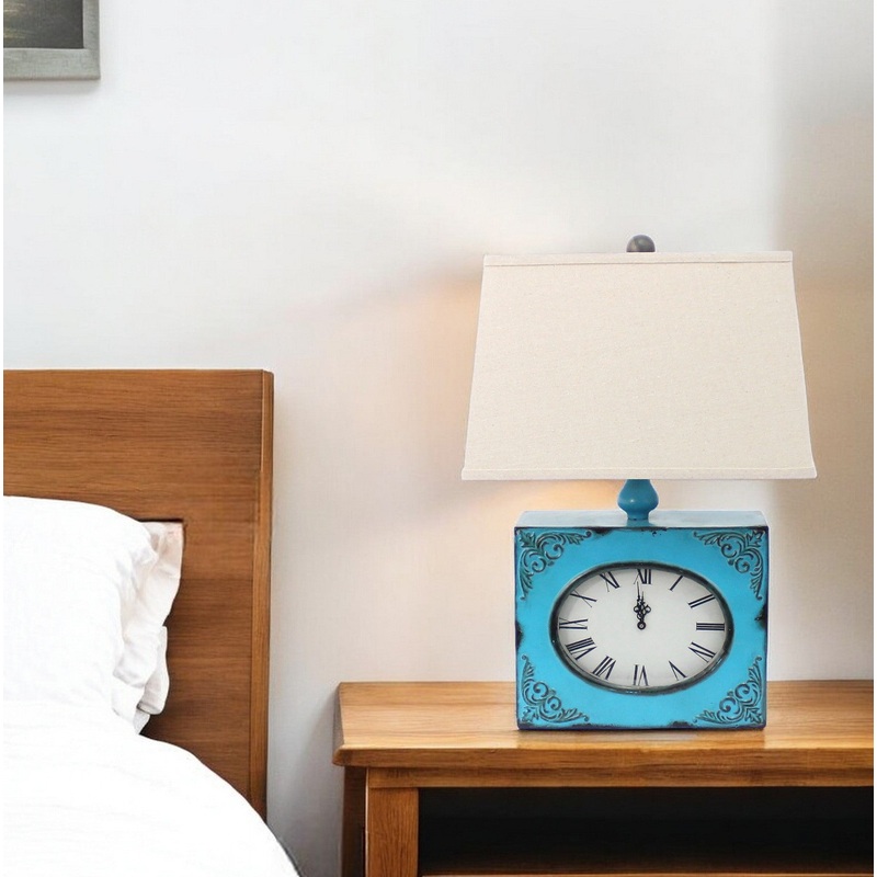 Distressed Blue Metal Bedside Lamp With Beige Shade By Homeroots