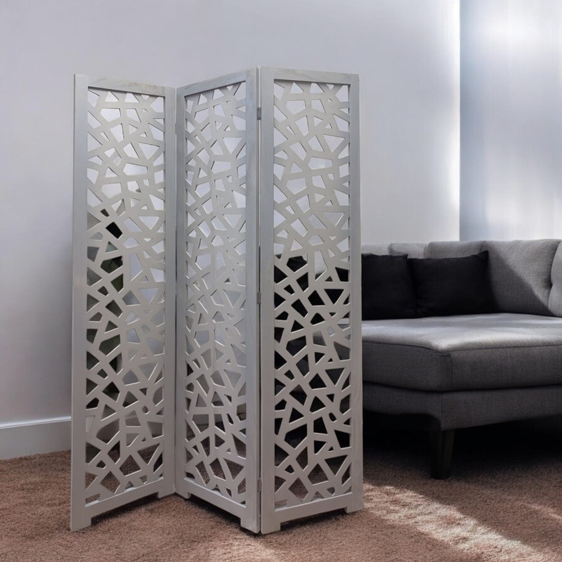 Gray Solid Wood Folding Three Panel Screen Room Divider By Homeroots