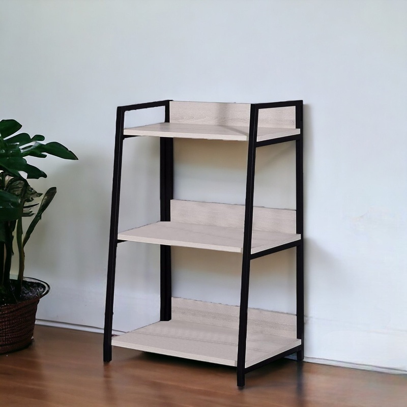 Natural and Black Metal Three Tier Ladder Bookcase By Homeroots