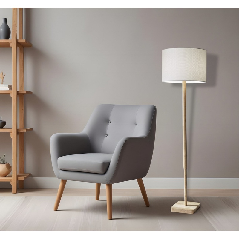 Natural Solid Wood Floor Lamp With White Linen Drum Shade By Homeroots