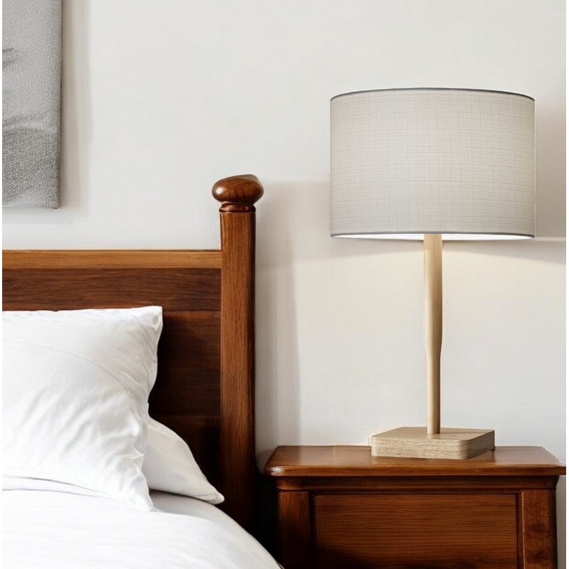 Natural Solid Wood Table Lamp With Gray Drum Shade By Homeroots