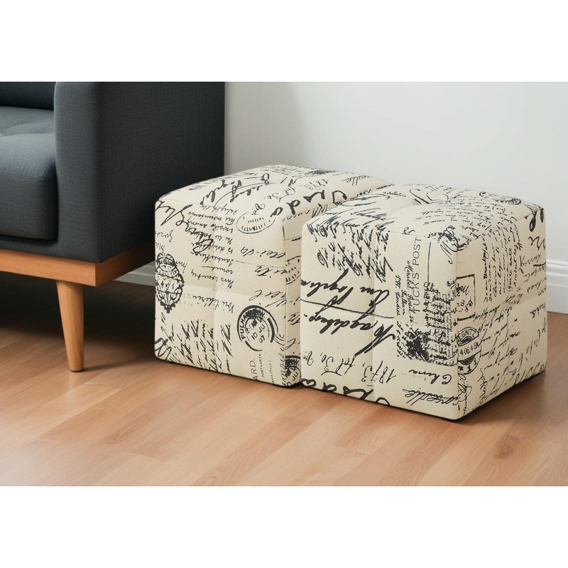 Set of Two Beige And Black Faux Leather Cube Ottoman By Homeroots
