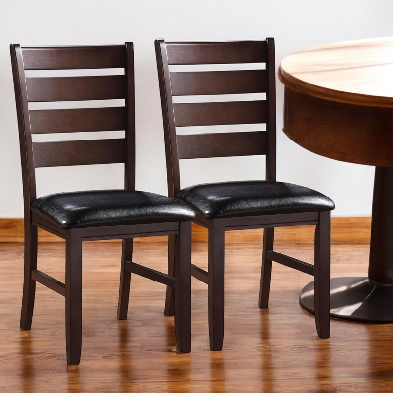 Set of Two Black And Brown Faux Leather Wood Slat Back Dining Side Chairs By Homeroots