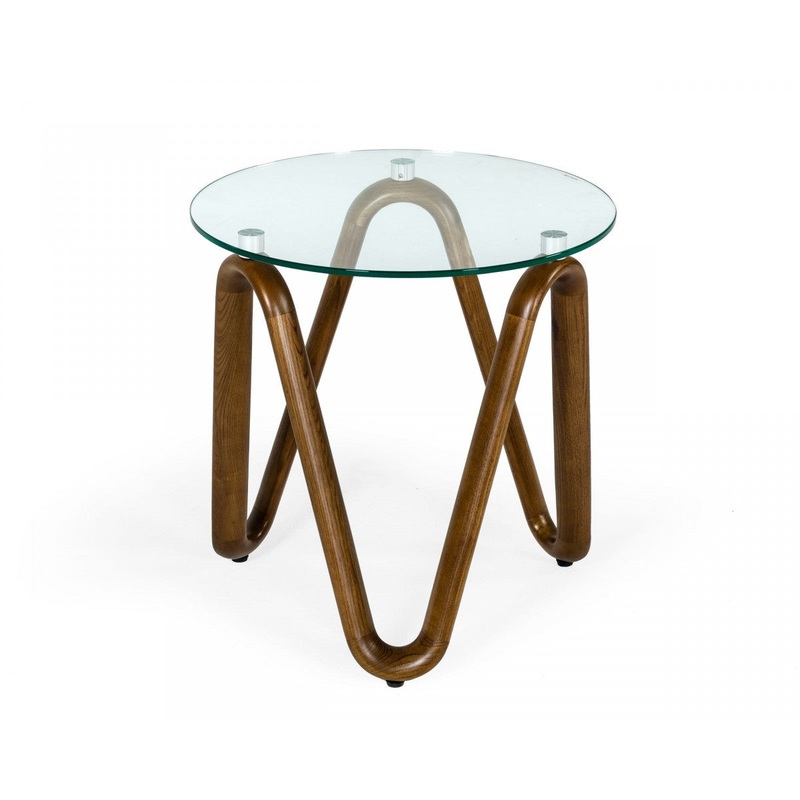 Walnut And Clear Glass Solid Wood Ribbon Base Round End Table By Homeroots