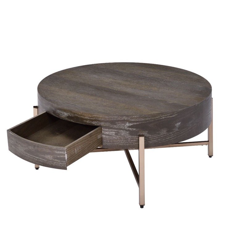 32" Champagne And Dark Oak Round Coffee Table With Drawer By Homeroots