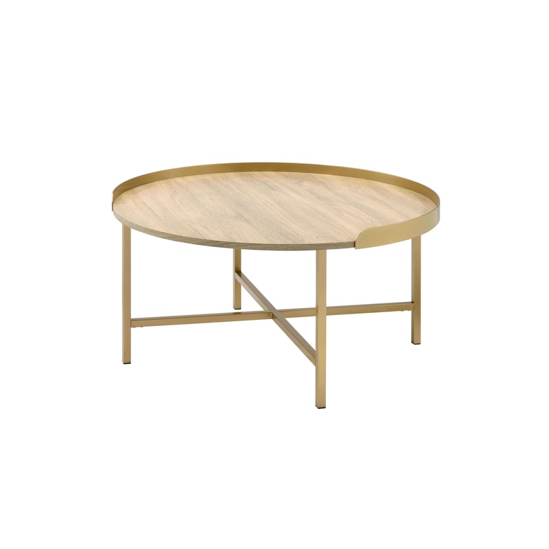 34" Gold And Oak Manufactured Wood And Metal Round Coffee Table By Homeroots