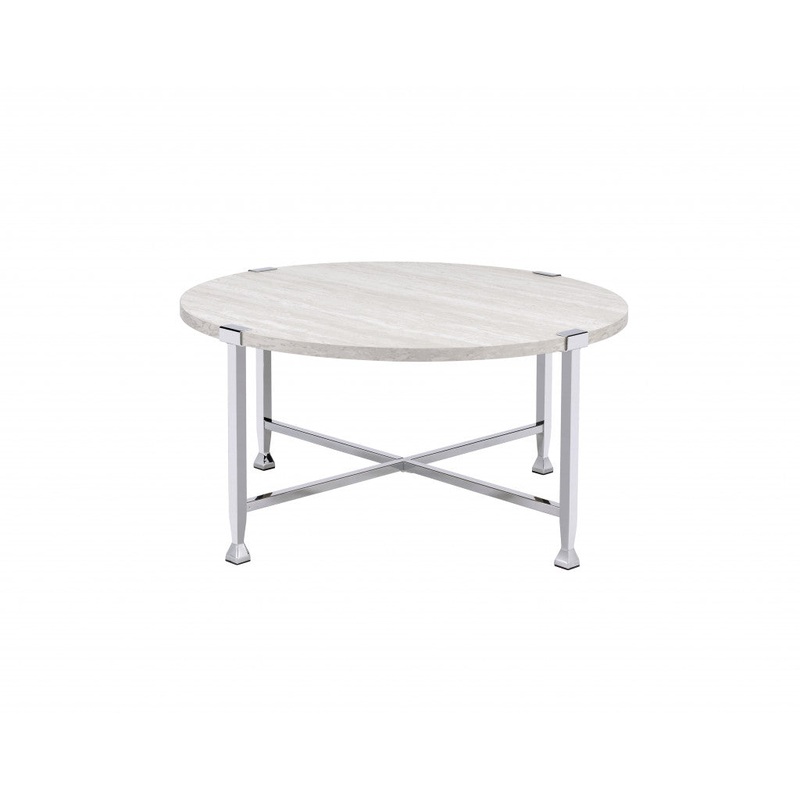 36" Chrome And White Oak Round Coffee Table By Homeroots