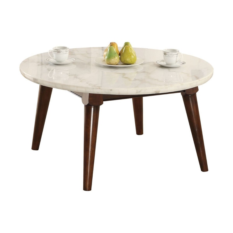 36" Walnut And Marble Faux Marble Round Coffee Table By Homeroots
