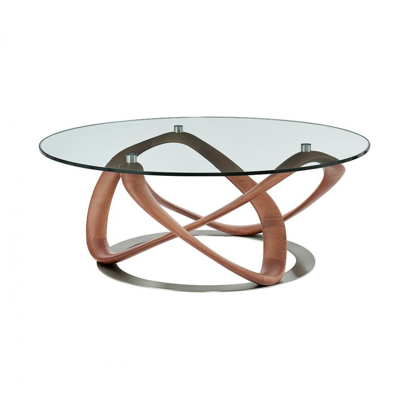 39" Walnut And Clear Glass Abstract Round Coffee Table By Homeroots