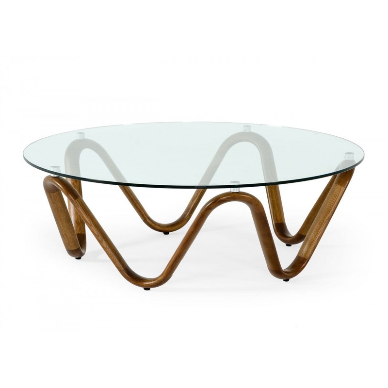 45" Walnut And Clear Glass Abstract Wood Round Coffee Table By Homeroots