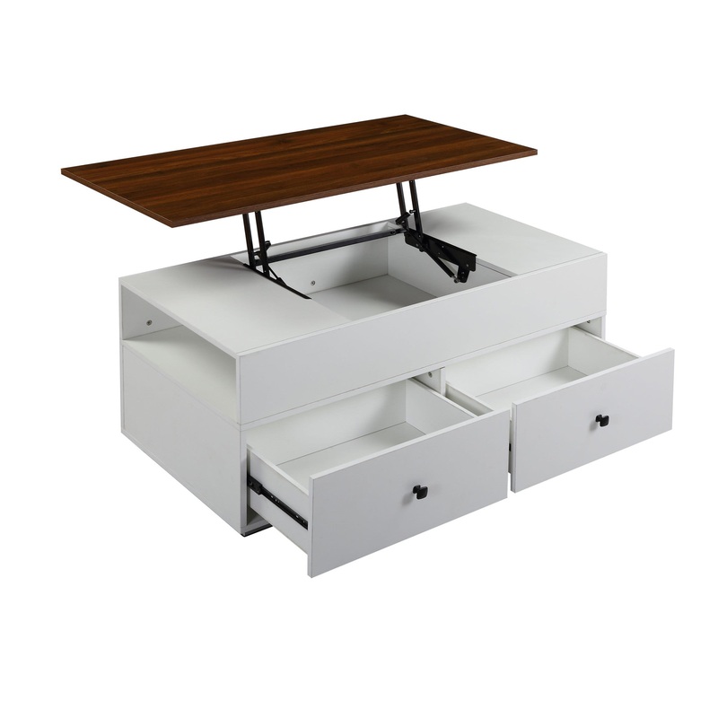 46" White And Walnut Melamine Veneer And Manufactured Wood Rectangular Lift Top Coffee Table With Two Drawers And Shelf By Homeroots
