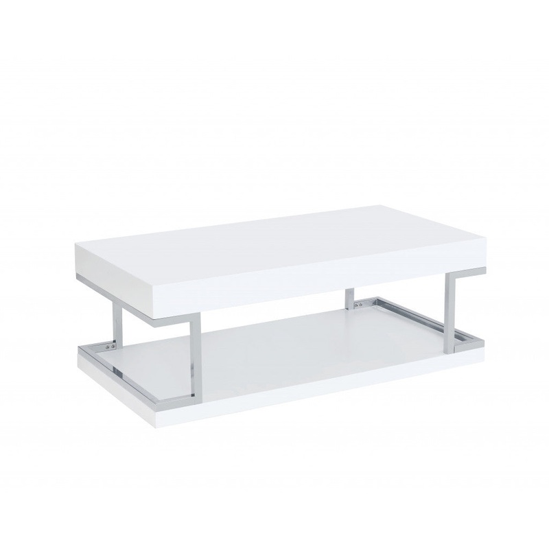 47" Chrome And White High Gloss Manufactured Wood And Metal Rectangular Coffee Table With Shelf By Homeroots