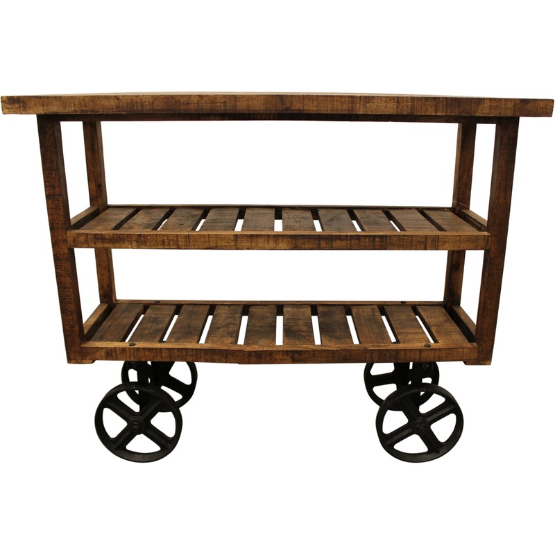 48" Brown and Black Solid Wood Distressed Wheel Console Table With Storage By Homeroots