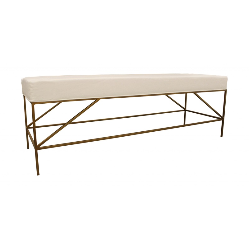 58" Ivory And Gold 100% Linen Upholstered Entryway Bench By Homeroots