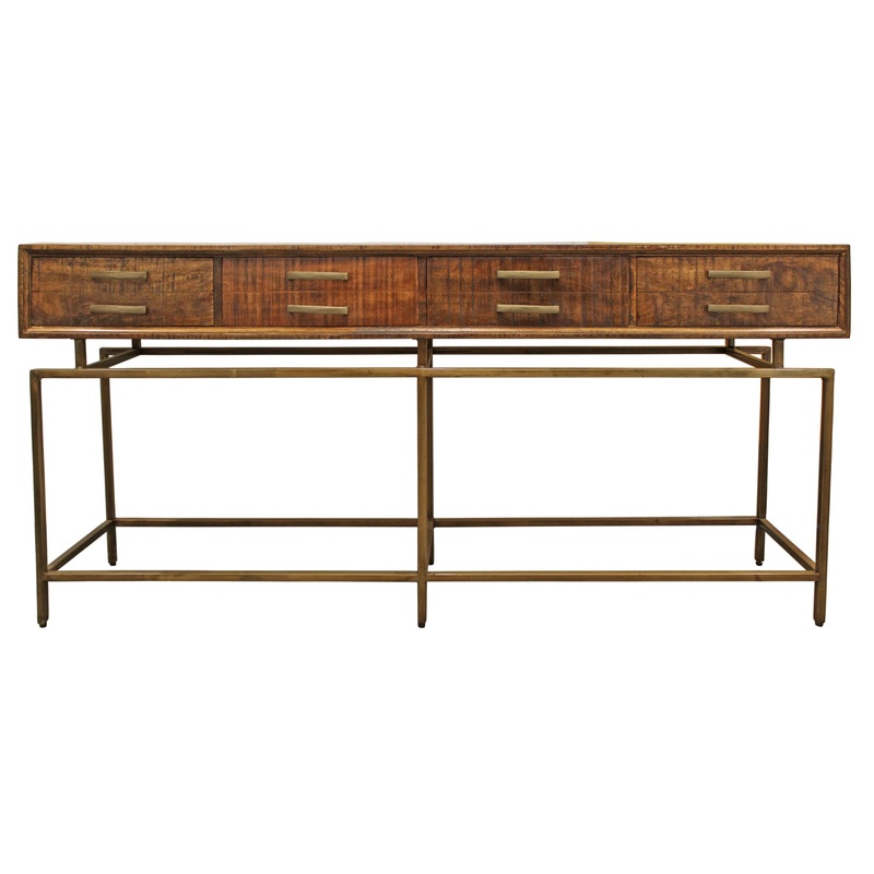72" Brown and Brass Solid Wood Distressed Frame Console Table With Storage By Homeroots