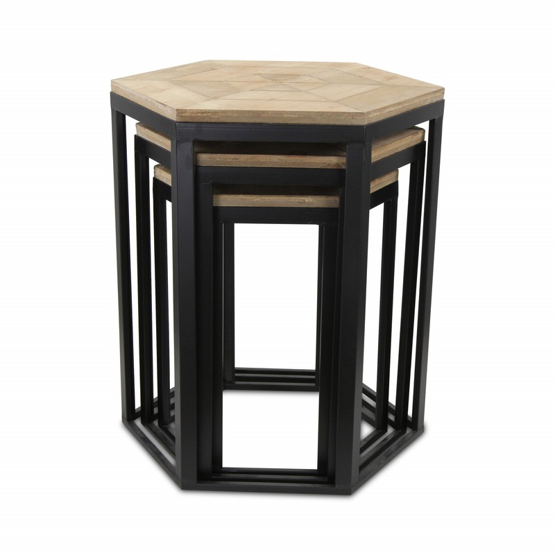Set Of Three 25" Black And Brown Solid Wood And Steel Hexagon Nested Tables By Homeroots