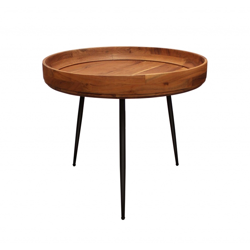 18" Black And Natural Brown Solid Wood And Iron Round End Table By Homeroots