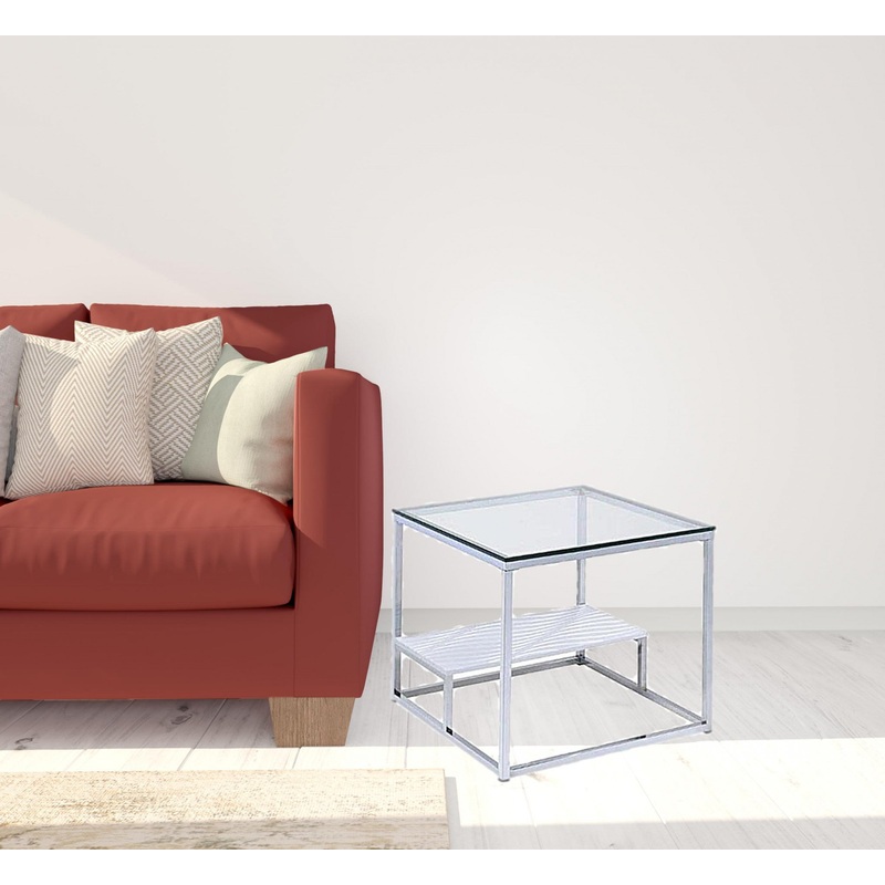 22" Chrome And Clear Glass Square End Table With Shelf By Homeroots