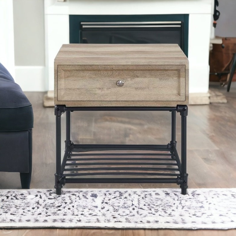 22" Sandy Black And Oak Manufactured Wood And Metal Square End Table With Drawer And Shelf By Homeroots