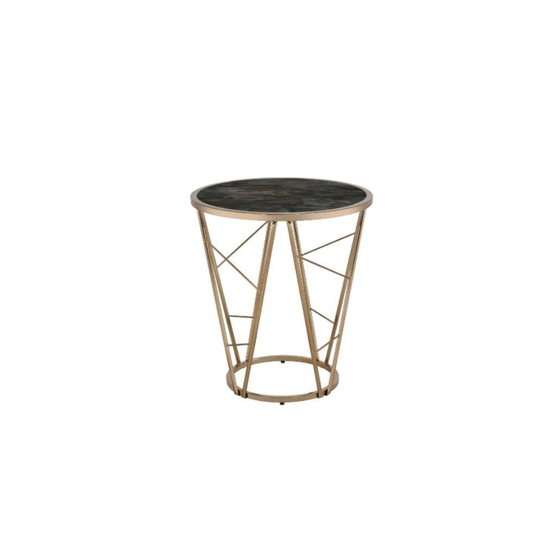 24" Champagne And Black Faux Marble Glass And Metal Round End Table By Homeroots