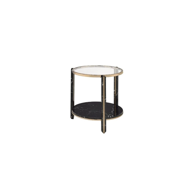 24" Champagne And Clear Glass And Metal Round End Table With Shelf By Homeroots