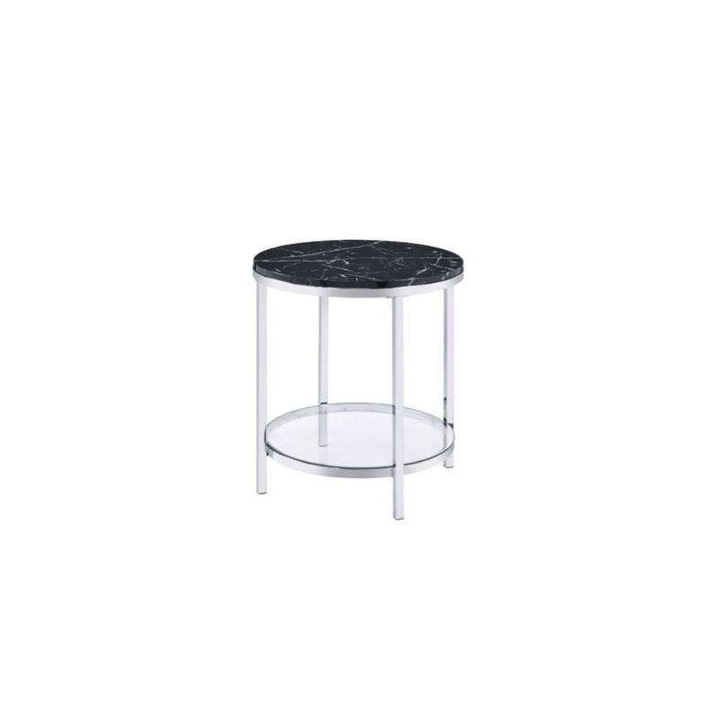 25" Chrome And Black Faux Marble And Metal Round End Table With Shelf By Homeroots
