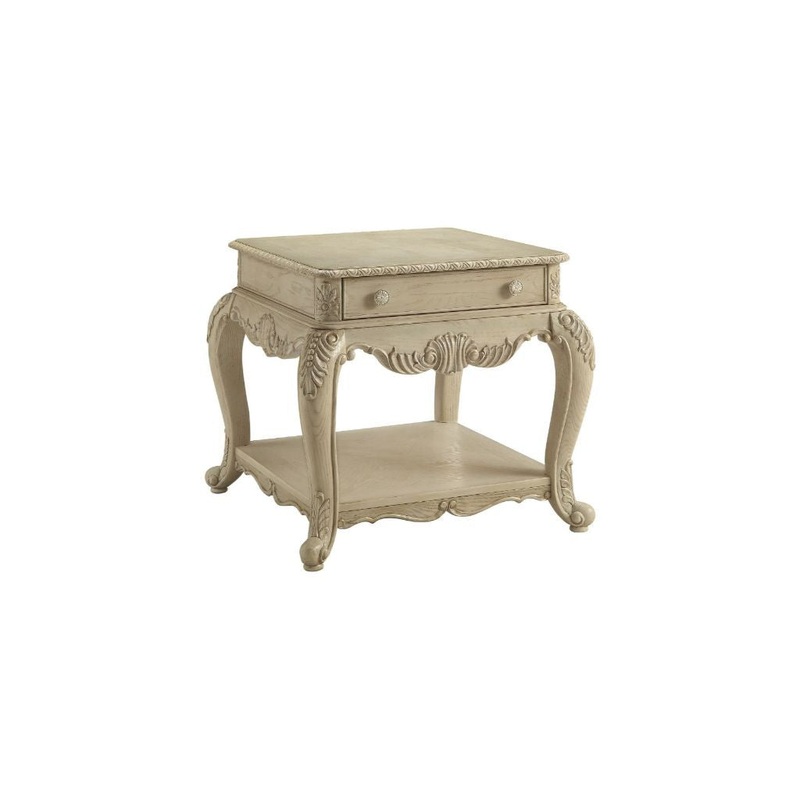26" Antique White Manufactured Wood And Polyresin Rectangular End Table With Drawer And Shelf By Homeroots