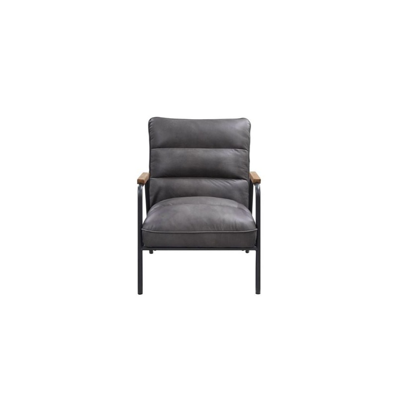26" Gray Top Grain Leather And Steel Solid Color Arm Chair By Homeroots