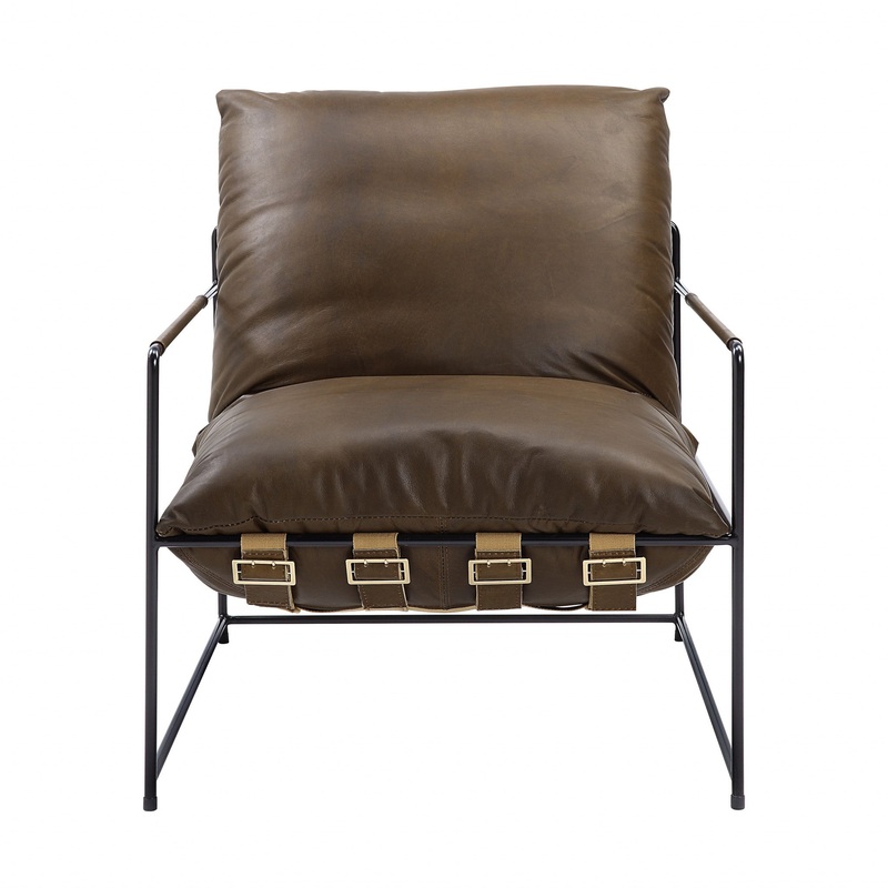 27" Brown Top Grain Leather And Steel Solid Color Lounge Chair By Homeroots