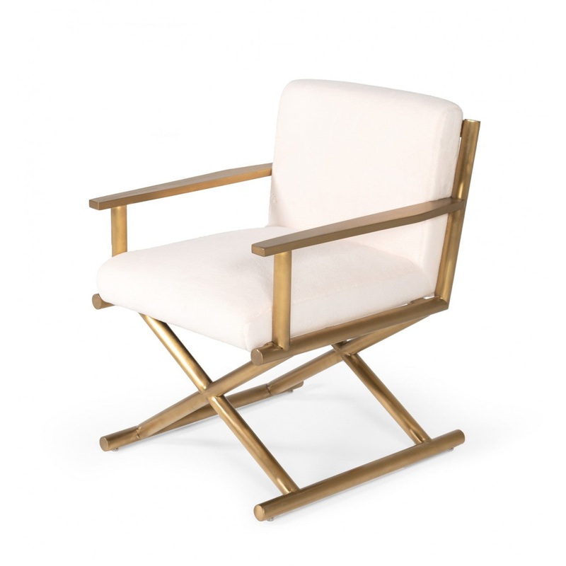 27" White Sherpa And Gold Directors Arm Chair By Homeroots