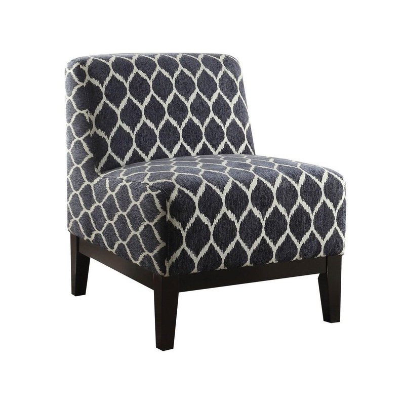 28" Dark Blue Chenille And Black Trellis Slipper Chair By Homeroots