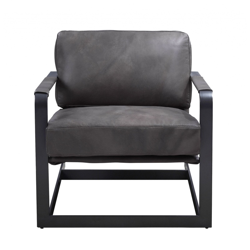 28" Gray Black Top Grain Leather And Steel Solid Color Arm Chair By Homeroots