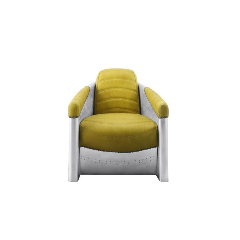 28" Yellow Top Grain Leather And Steel Barrel Chair By Homeroots