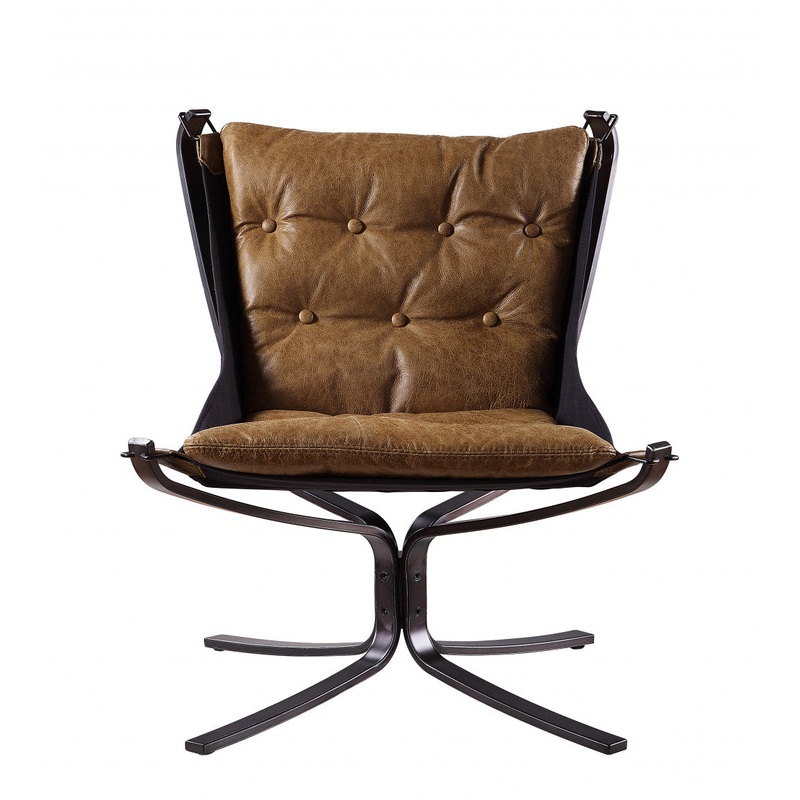 30" Coffee Top Grain Leather And Steel Solid Color Lounge Chair By Homeroots