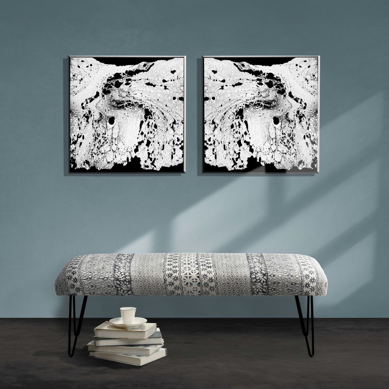47" Charcoal Gray and White Black Leg Abstract Floral Upholstered Bench By Homeroots