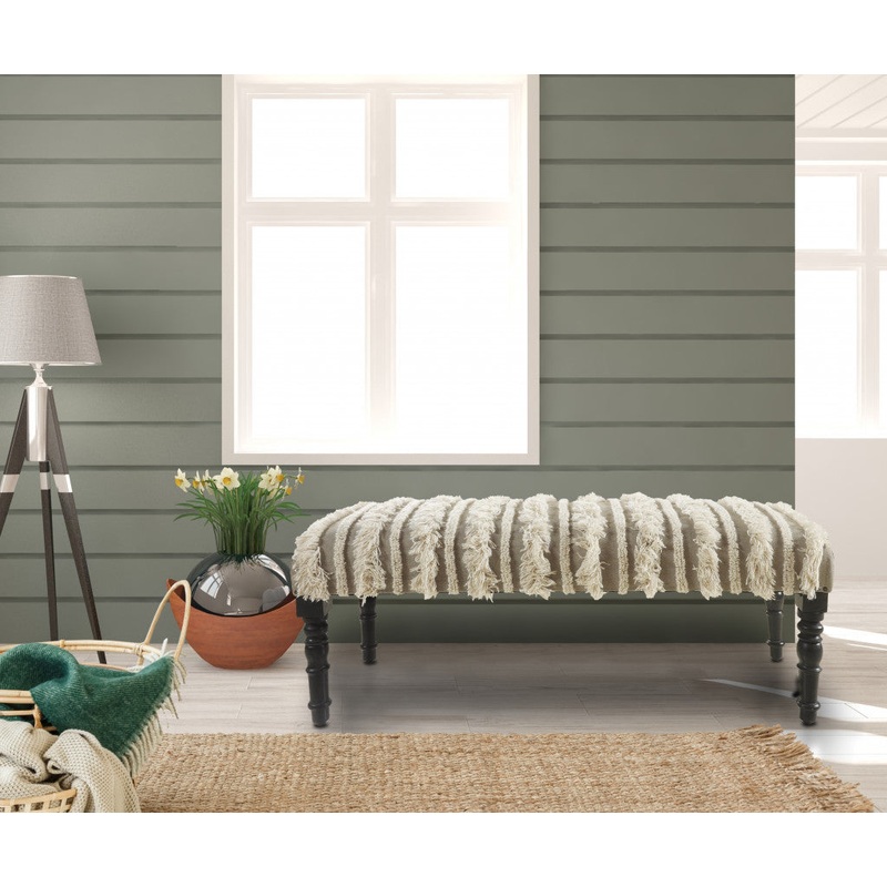 47" Cream Textural Boho Stripe Black Leg Upholstered Bench By Homeroots