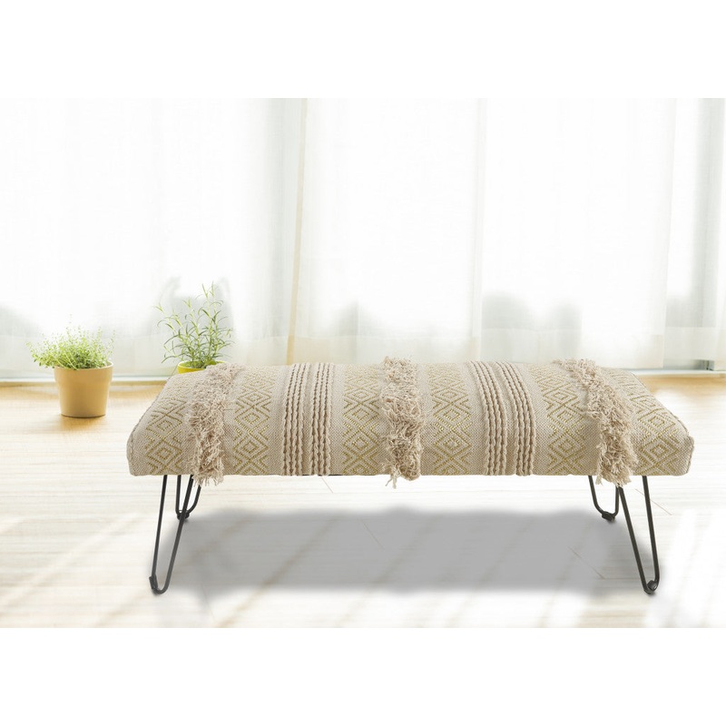 47" Ivory And Gold Geometric Black Leg Upholstered Bench By Homeroots