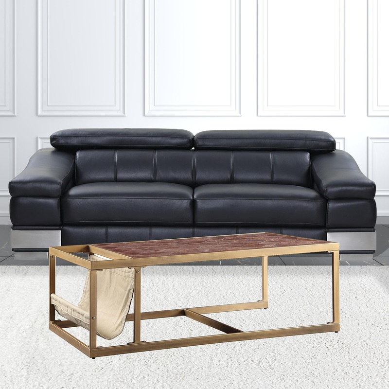 51" Brass And Retro Brown Leather Rectangular Coffee Table By Homeroots