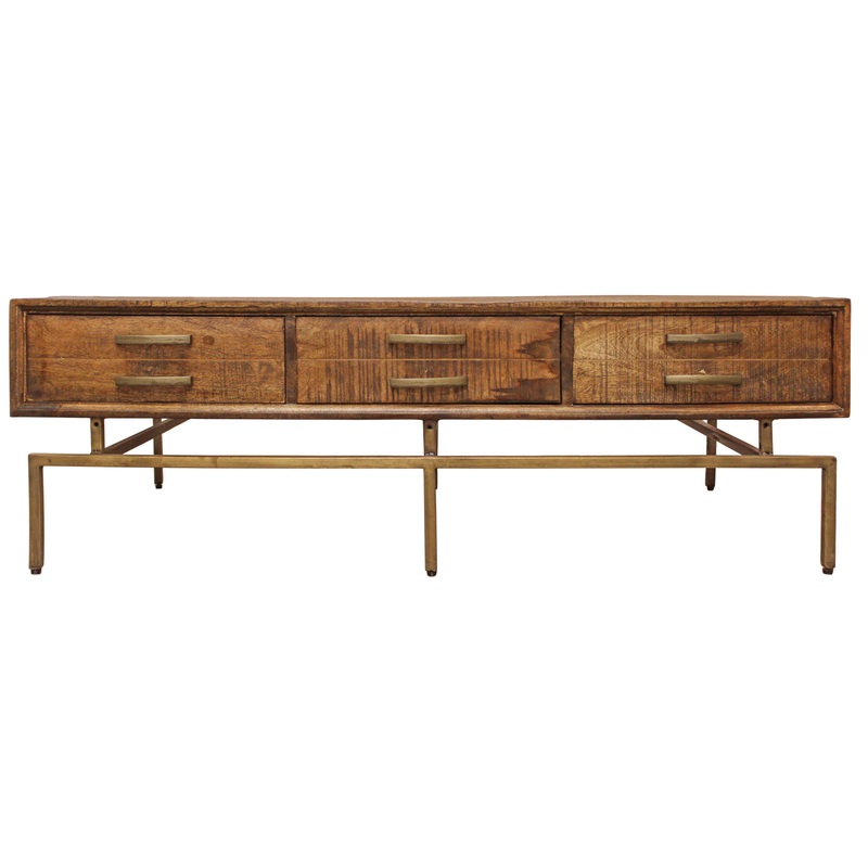 56" Brass And Brown Solid Wood Rectangular Distressed Storage Coffee Table By Homeroots