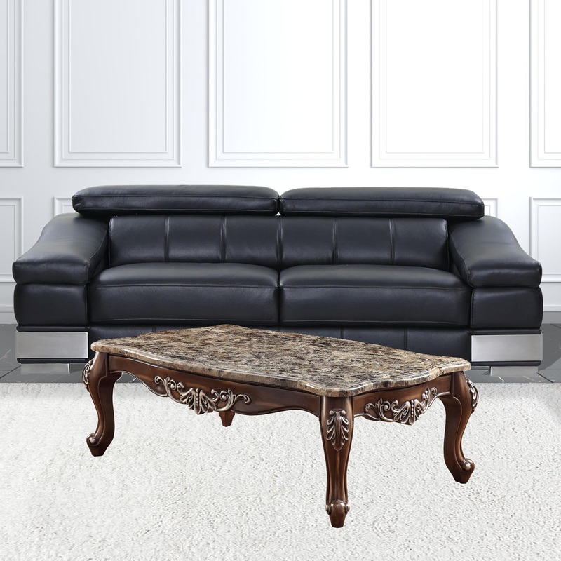 57" Antique Oak And Brown Marble Faux Marble Rectangular Coffee Table By Homeroots