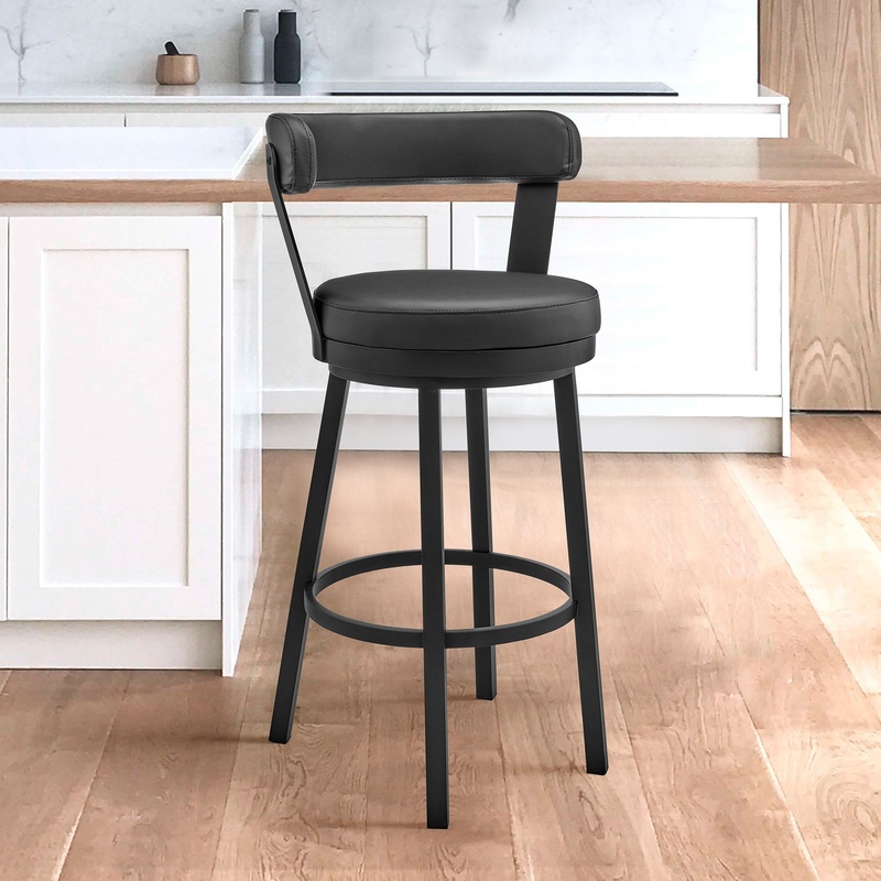 26" Chic Black Faux Leather with Black Finish Swivel Bar Stool By Homeroots