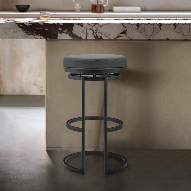 26" Gray and Black Faux Leather and Iron Swivel Backless Counter Height Bar Chair with Footrest By Homeroots