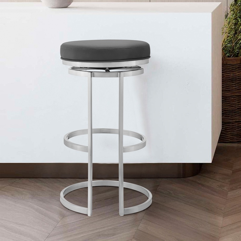 26" Gray Faux Leather And Iron Swivel Backless Counter Height Bar Chair By Homeroots