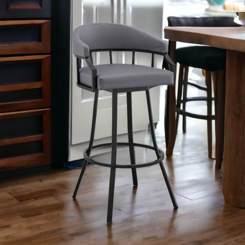 26" Slate Gray and Black Faux Leather and Steel Swivel Low Back Counter Height Bar Chair with Footrest By Homeroots