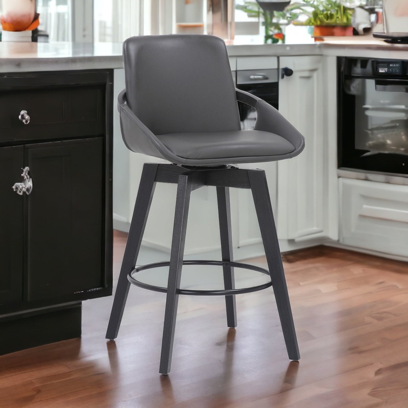 27" Gray and Black Faux Leather Swivel Low Back Bar Height Bar Chair with Footrest By Homeroots